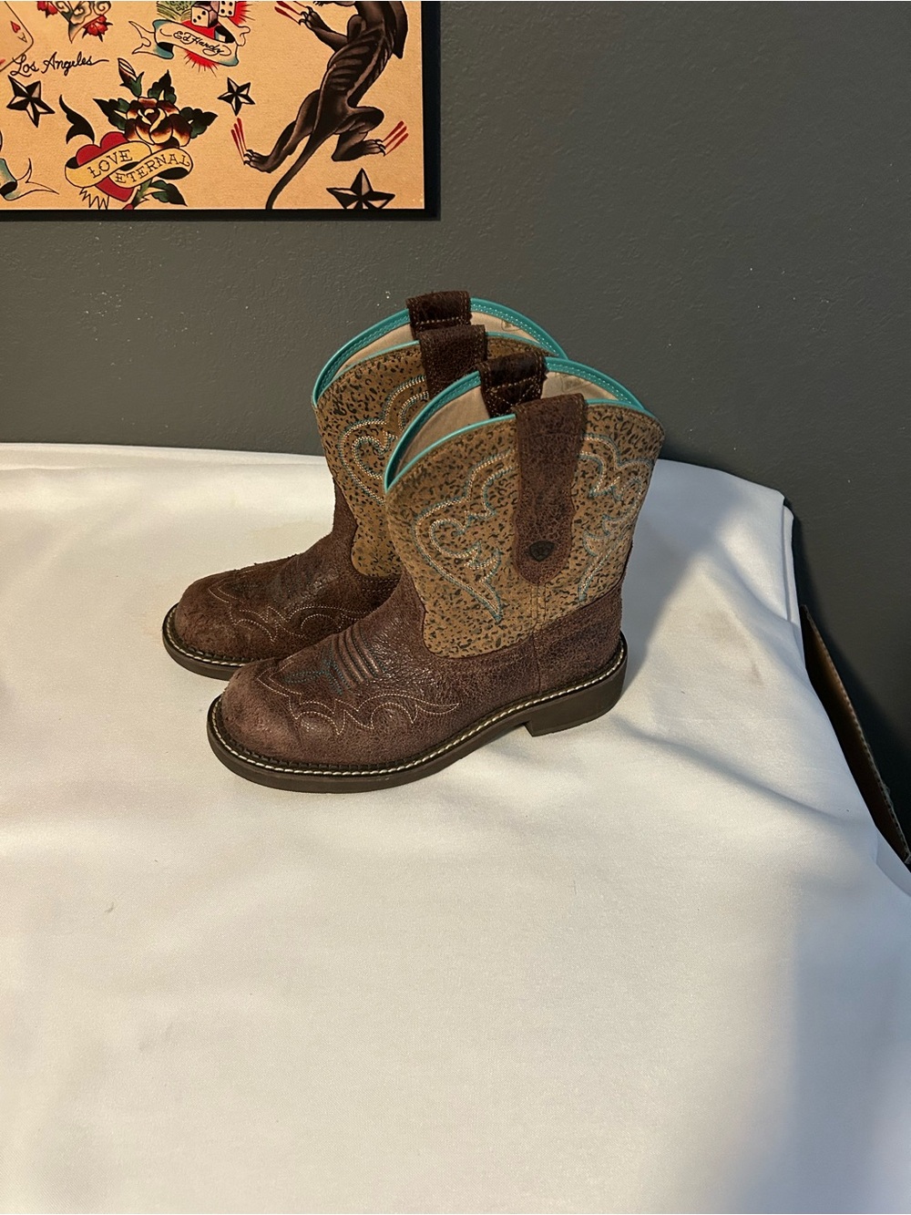 Ariat Brown Ankle Boots with Turquoise Trim - Picture 2 of 5